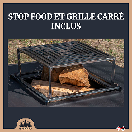 Pack Lou provençau - Brasero plancha en acier corten avec rangement bûches - grille et stop food inclus 